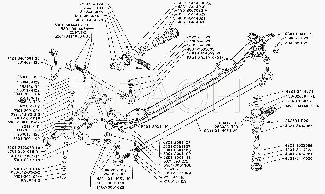 Передняя ось и рулевые тяги (вариант 1) ЗИЛ-5301 (2006)